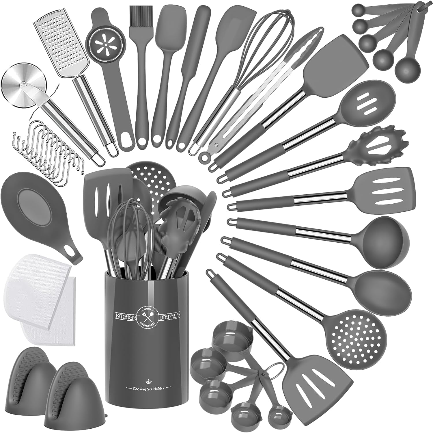 43-Piece Silicone Kitchen Utensil Set with Stainless Steel Handles, Non-Stick and Heat Resistant - Grey