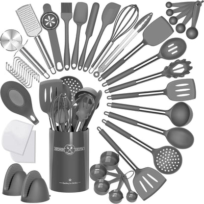 43-Piece Silicone Kitchen Utensil Set with Stainless Steel Handles, Non-Stick and Heat Resistant - Grey