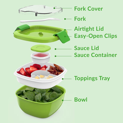Salad Container - 54 oz Bowl with 4-Compartment Toppings Tray, Leak-Proof Dressing Container, Reusable Fork, BPA-Free Lunch Box for Meal Prep and Food Storage, Removable Bento Tray (Green)