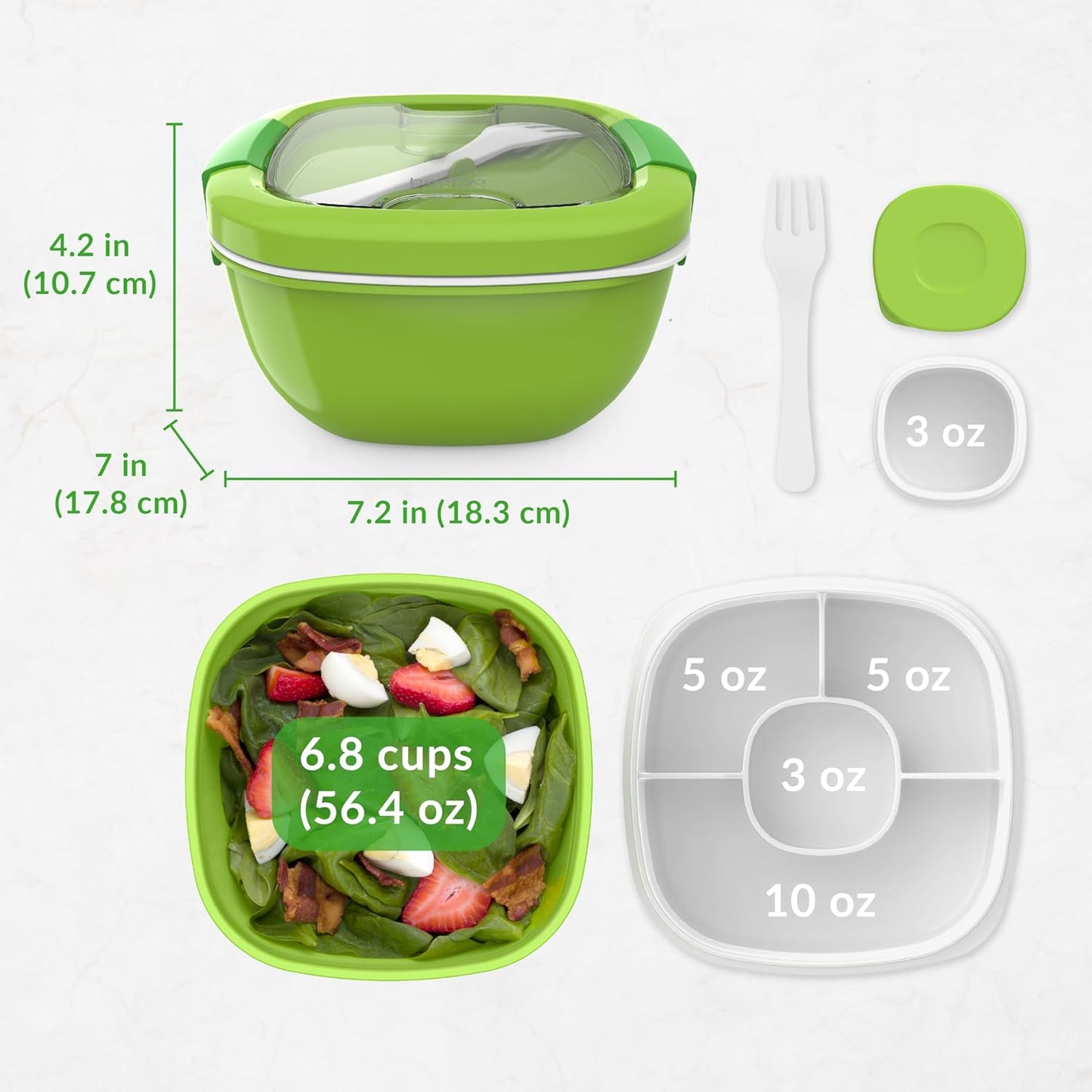Salad Container - 54 oz Bowl with 4-Compartment Toppings Tray, Leak-Proof Dressing Container, Reusable Fork, BPA-Free Lunch Box for Meal Prep and Food Storage, Removable Bento Tray (Green)