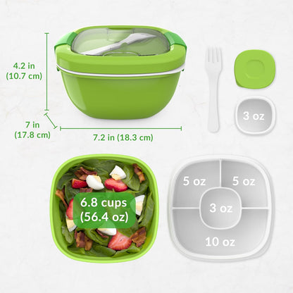 Salad Container - 54 oz Bowl with 4-Compartment Toppings Tray, Leak-Proof Dressing Container, Reusable Fork, BPA-Free Lunch Box for Meal Prep and Food Storage, Removable Bento Tray (Green)
