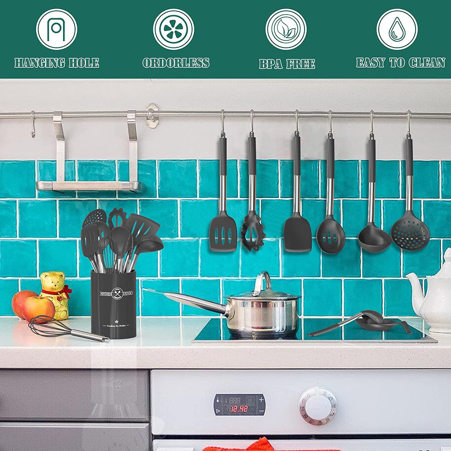 43-Piece Silicone Kitchen Utensil Set with Stainless Steel Handles, Non-Stick and Heat Resistant - Grey