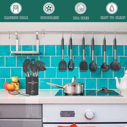 43-Piece Silicone Kitchen Utensil Set with Stainless Steel Handles, Non-Stick and Heat Resistant - Grey