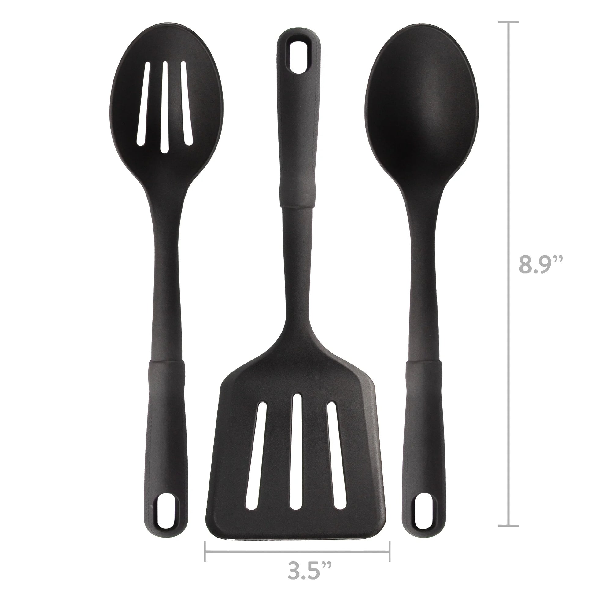 3-Piece Kitchen Utensil Set, Slotted Spatula, Slotted Spoon and Solid Spoon, Black, Nylon
