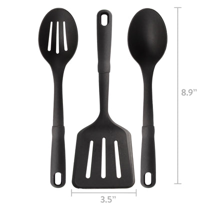3-Piece Kitchen Utensil Set, Slotted Spatula, Slotted Spoon and Solid Spoon, Black, Nylon