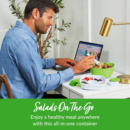 Salad Container - 54 oz Bowl with 4-Compartment Toppings Tray, Leak-Proof Dressing Container, Reusable Fork, BPA-Free Lunch Box for Meal Prep and Food Storage, Removable Bento Tray (Green)