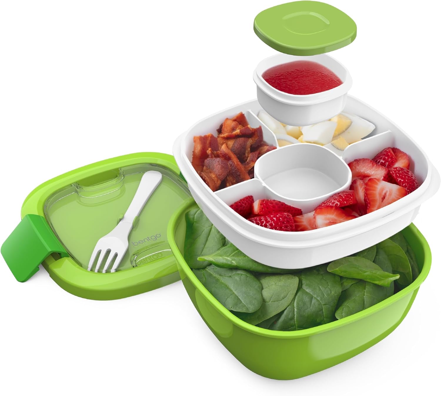 Salad Container - 54 oz Bowl with 4-Compartment Toppings Tray, Leak-Proof Dressing Container, Reusable Fork, BPA-Free Lunch Box for Meal Prep and Food Storage, Removable Bento Tray (Green)