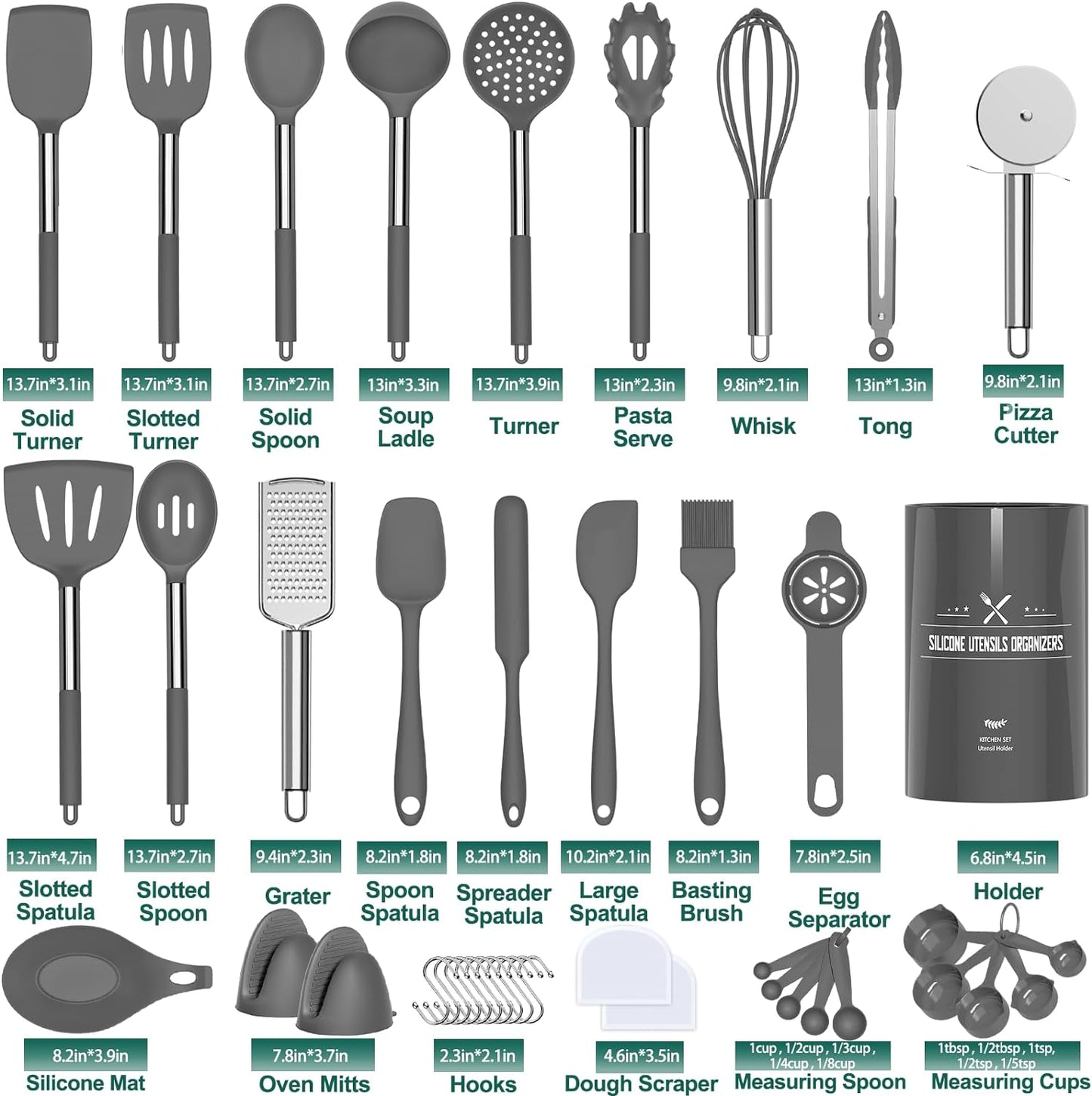 43-Piece Silicone Kitchen Utensil Set with Stainless Steel Handles, Non-Stick and Heat Resistant - Grey