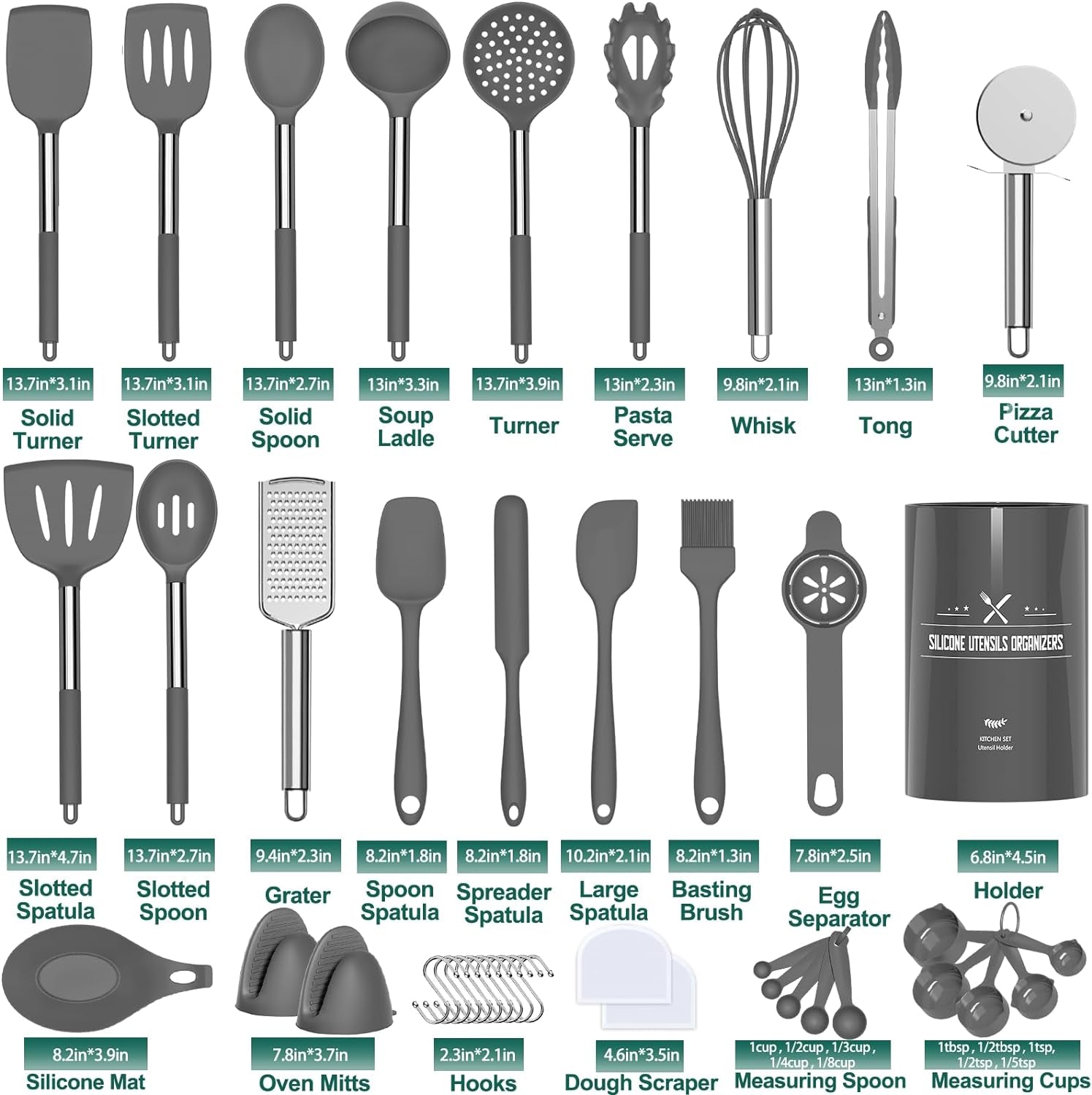 43-Piece Silicone Kitchen Utensil Set with Stainless Steel Handles, Non-Stick and Heat Resistant - Grey