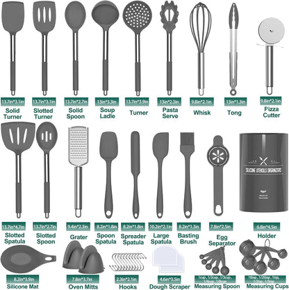 43-Piece Silicone Kitchen Utensil Set with Stainless Steel Handles, Non-Stick and Heat Resistant - Grey