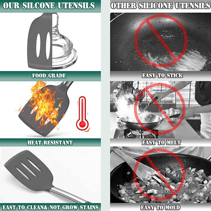 43-Piece Silicone Kitchen Utensil Set with Stainless Steel Handles, Non-Stick and Heat Resistant - Grey